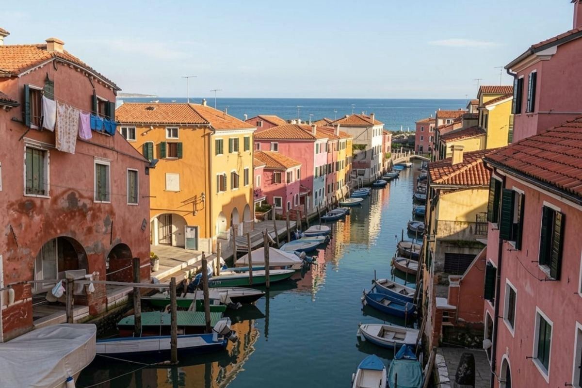 Un suggestivo canale di Chioggia con pescherecci e case colorate